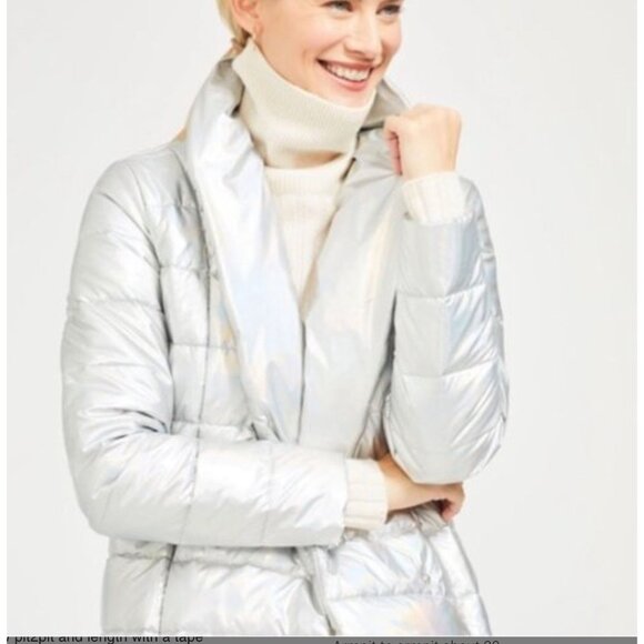 J. McLaughlin Holographic Silver Autumn Puffer Jacket Coat Metallic Size Medium - Picture 2 of 4